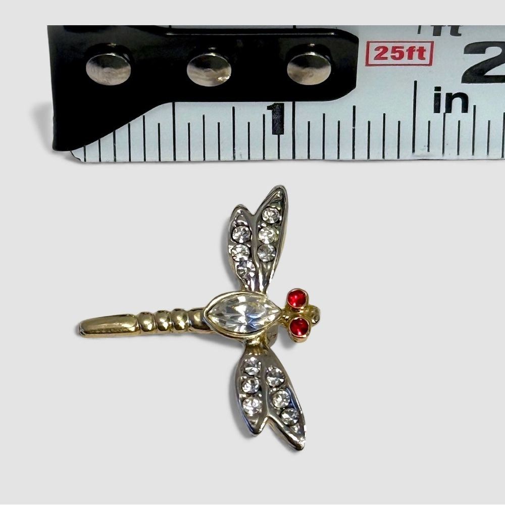 Vintage Rhinestone Dragonfly Brooch Pin Gold Tone Red Eyes Crystal Wings - Picture 5 of 6
